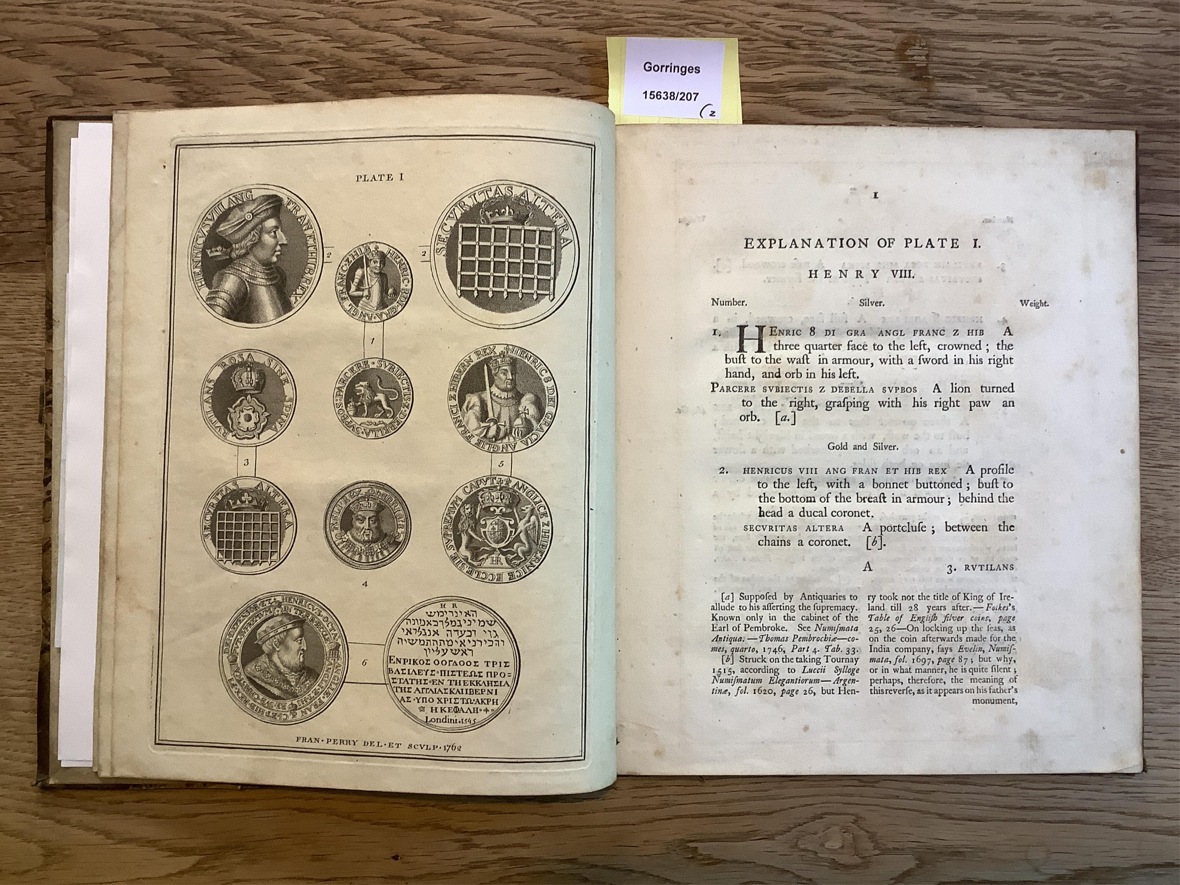 Perry, Francis. A series of English Medals, London 1762 , 4to, with the rare complimentary plates and additional plate of the Petition Crown tipped in; another copy with two supplementary plates, rebound.